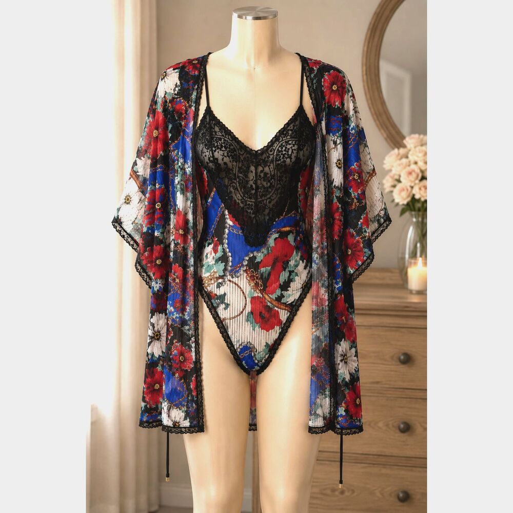 VTG. Lady Cameo Size M Floral Lace Teddy Sheer Robe Set NWOT Red Poppy Print #15